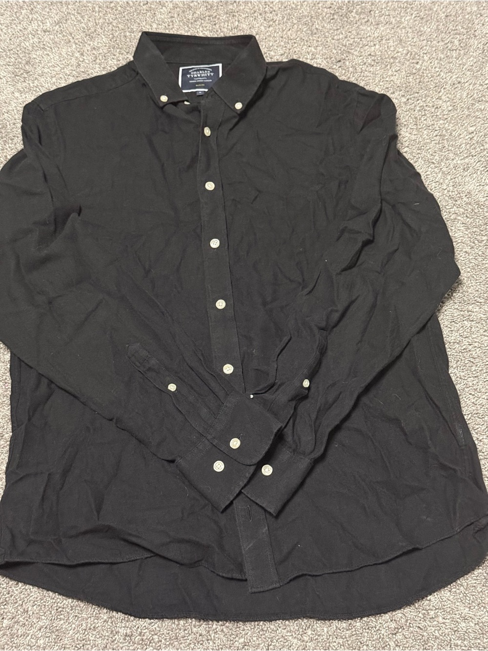 Charles Tyrwhitt Black Linen Blend Long-Sleeve Button-Down Shirt
